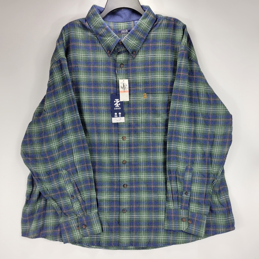 Izod Stratton Flannel Long Sleeve Button Front Shirt Mens 3XB Big Green Blue